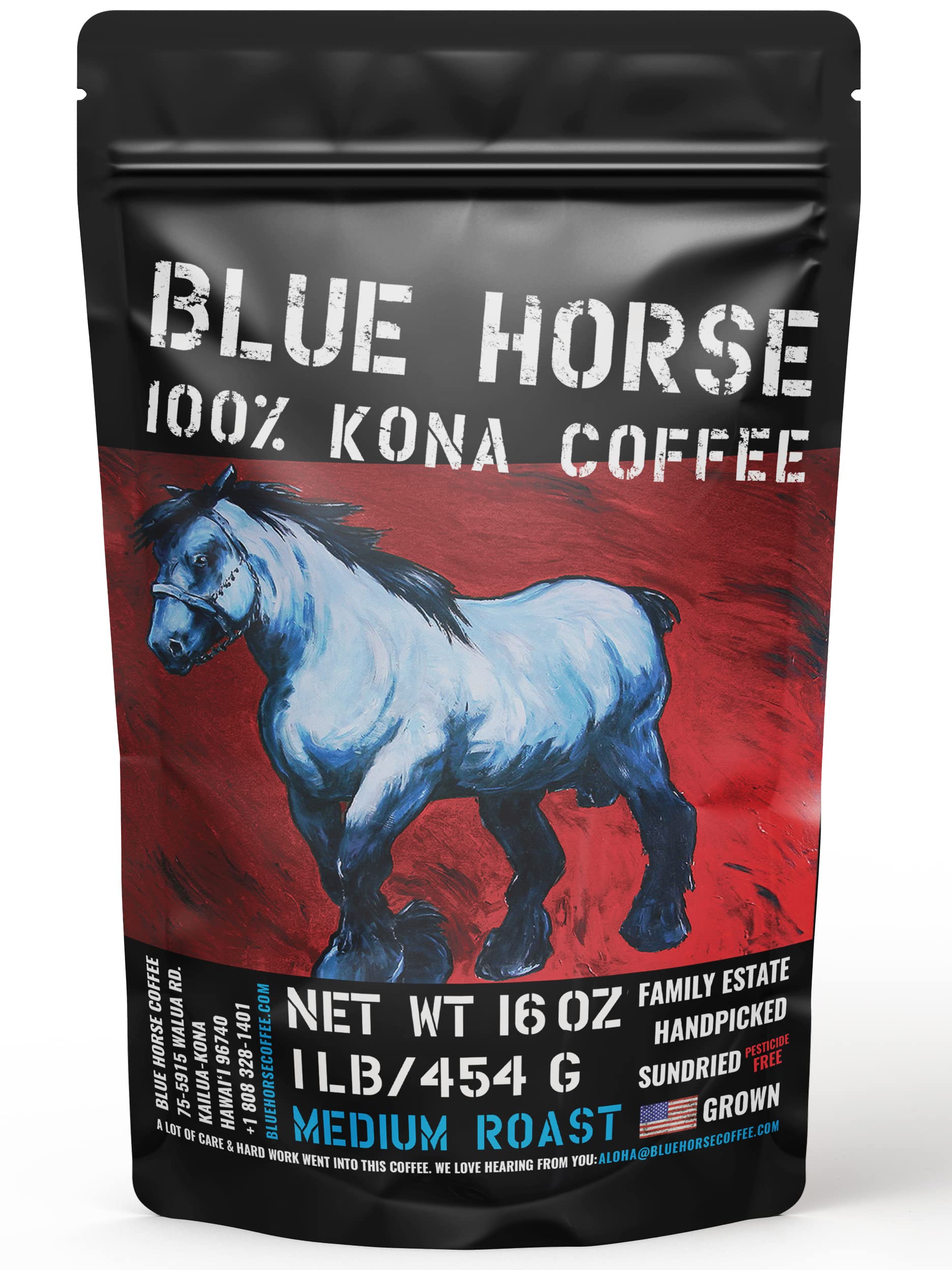 Farm-fresh: 100% Kona Coffee - Medium Roast - Arabica Whole Beans - 1 Lb or 16 oz Bag - Blue Horse 100% Kona Coffee from Hawaii