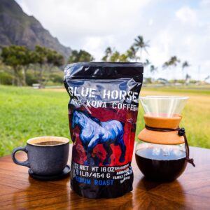 Farm-fresh: 100% Kona Coffee - Medium Roast - Arabica Whole Beans - 1 Lb or 16 oz Bag - Blue Horse 100% Kona Coffee from Hawaii