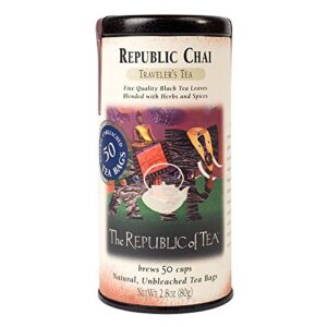 the republic of tea republic chai black tea, tin of 50 tea bags