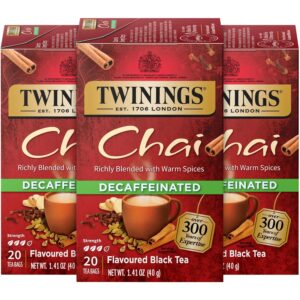 twinings decaffeinated chai tea, black tea blend with cinnamon, ginger, cardamon, cloves for a sweet and spicy flavor, 20 count (pack of 3)