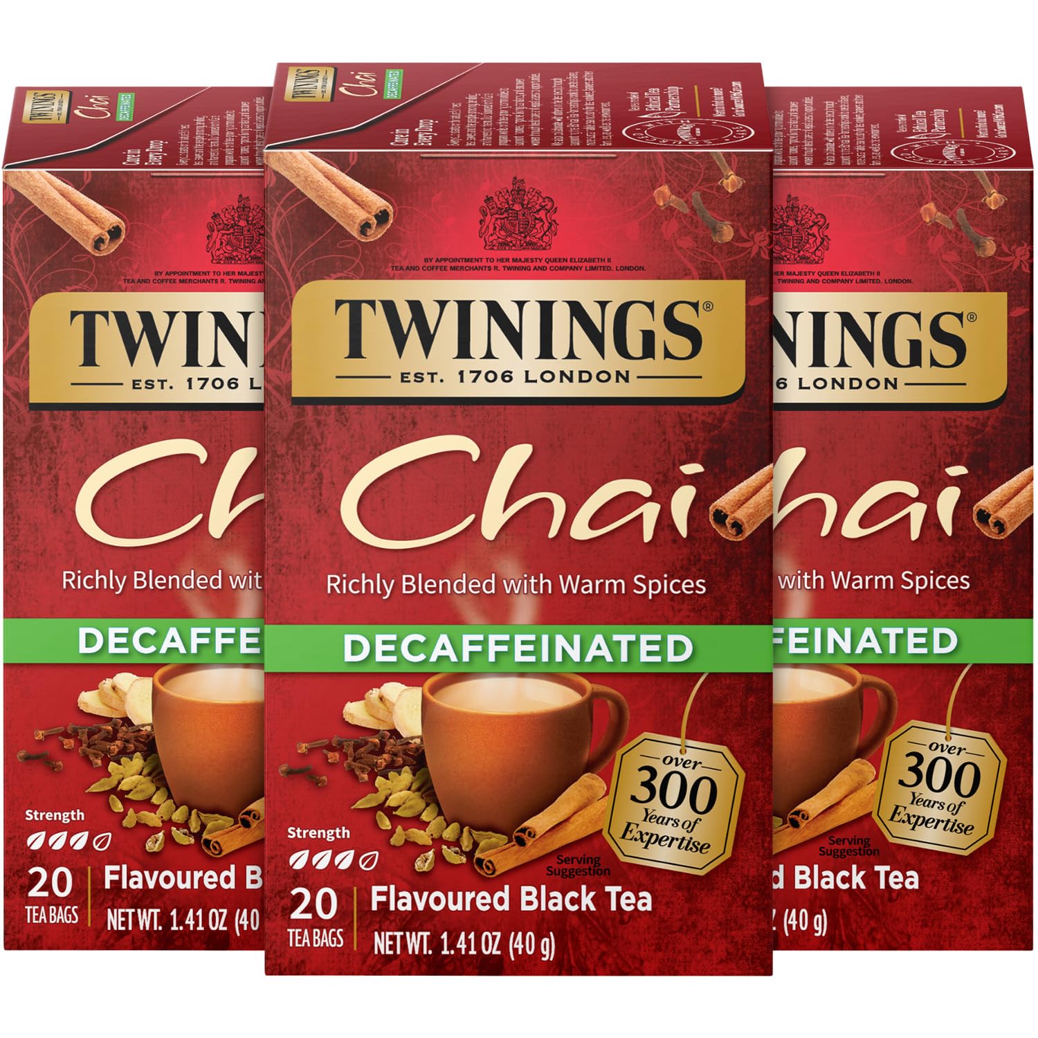 Twinings Decaffeinated Chai Tea, Black Tea Blend with Cinnamon, Ginger, Cardamon, Cloves for a Sweet and Spicy Flavor, 20 Count (Pack of 3)