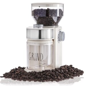 coffee grinder, electric burr coffee grinder, grinder for coffee, french press, espresso, and drip coffee 18 grinding settings, electric coffee grinder labeled "grind" in cream by rae dunn