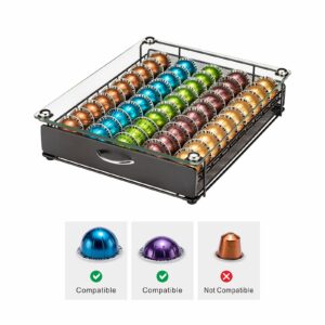 Rice rat Coffee Vertuo Capsule Holder Drawer for Nespresso With Glass For Cabinet Vertuoline Pod Storage Rack For Counter (Class-50 Pods（With handle）)