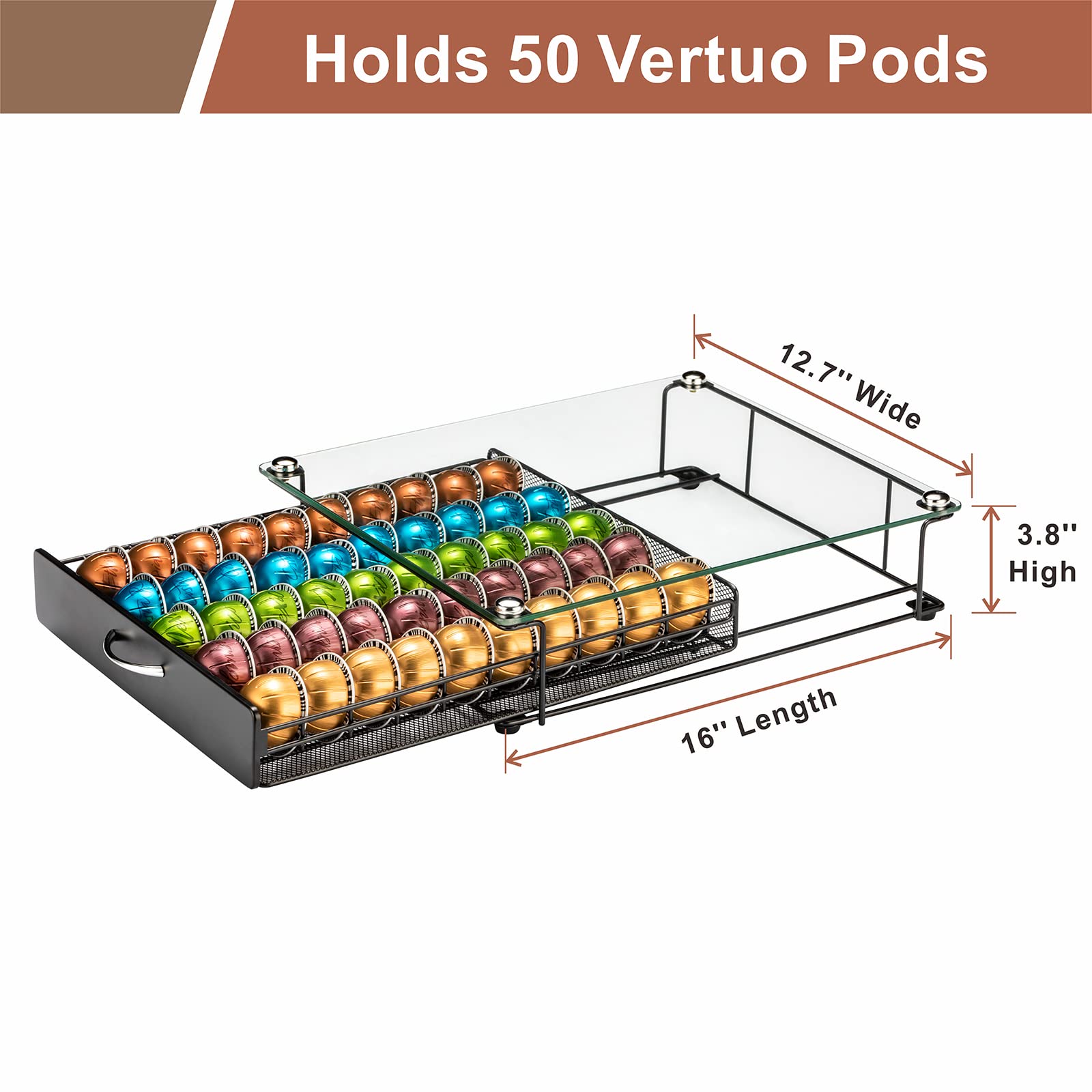 Rice rat Coffee Vertuo Capsule Holder Drawer for Nespresso With Glass For Cabinet Vertuoline Pod Storage Rack For Counter (Class-50 Pods（With handle）)