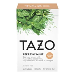 tazo refresh mint herbal tea bags, caffeine-free, 20 herbal tea bags, 6 count