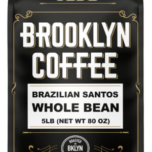 BROOKLYN COFFEE Whole Bean, Brazilian Santos Medium Roast (5lb) American, Breakfast, Classic - Fresh Bulk Coffee Beans Roasted Weekly in NYC