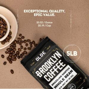 BROOKLYN COFFEE Whole Bean, Brazilian Santos Medium Roast (5lb) American, Breakfast, Classic - Fresh Bulk Coffee Beans Roasted Weekly in NYC