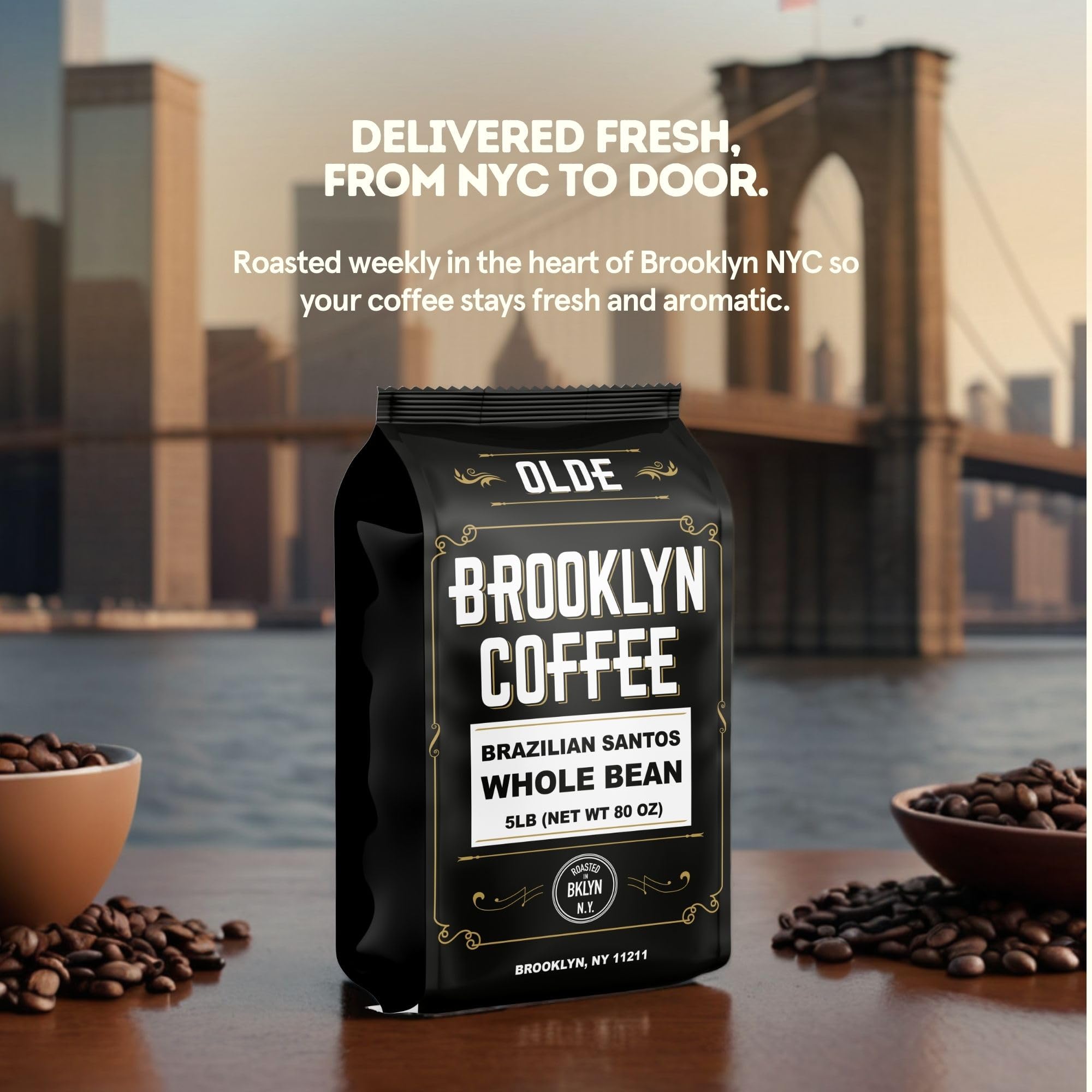 BROOKLYN COFFEE Whole Bean, Brazilian Santos Medium Roast (5lb) American, Breakfast, Classic - Fresh Bulk Coffee Beans Roasted Weekly in NYC