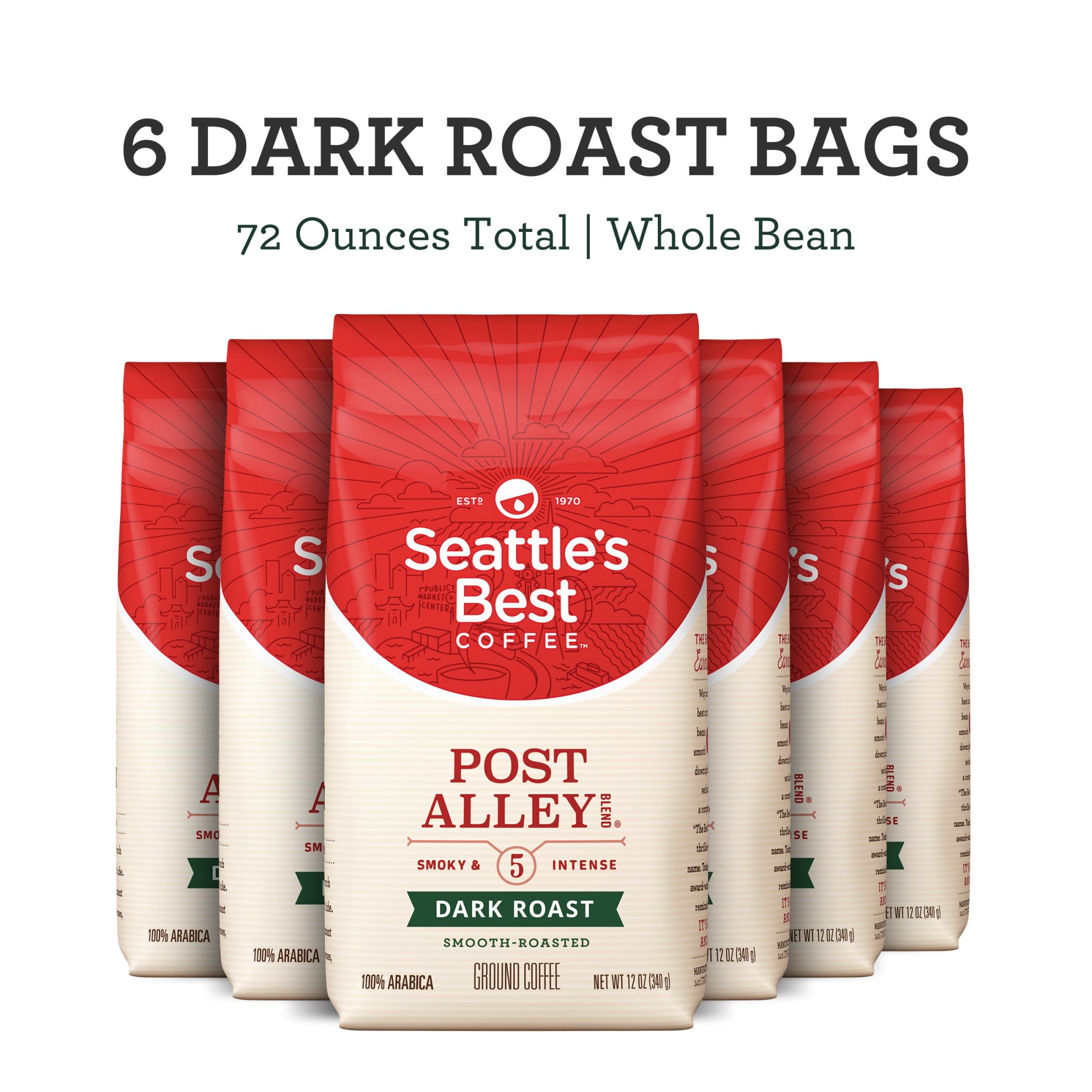 Seattle's Best Coffee Post Alley Blend Dark Roast Whole Bean Coffee | 12 Ounce Bags (Pack of 6)