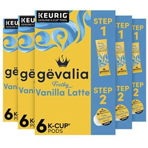 gevalia frothy 2-step vanilla latte espresso k-cup coffee pods & froth packets kit, 6 count (pack of 6)