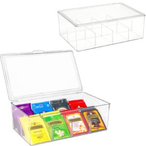2 pack puricon tea bag organizer clear acrylic tea storage box with lid, plastic tea bag holder stackable tea organizer for tea bags container dispenser for cabinet pantry counter countertop -clear