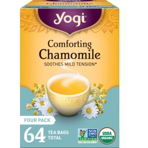 yogi tea comforting chamomile tea - 16 tea bags per pack (4 packs) - organic chamomile tea bags - supports a good night's sleep & occasional stomach discomfort - made from organic chamomile flower