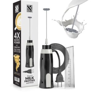 k-brands corded electric milk frother with plug in - handheld electric whisk stirrer whipper - foam maker for coffee, latte, cappuccino, hot chocolate – powerful drink mixer