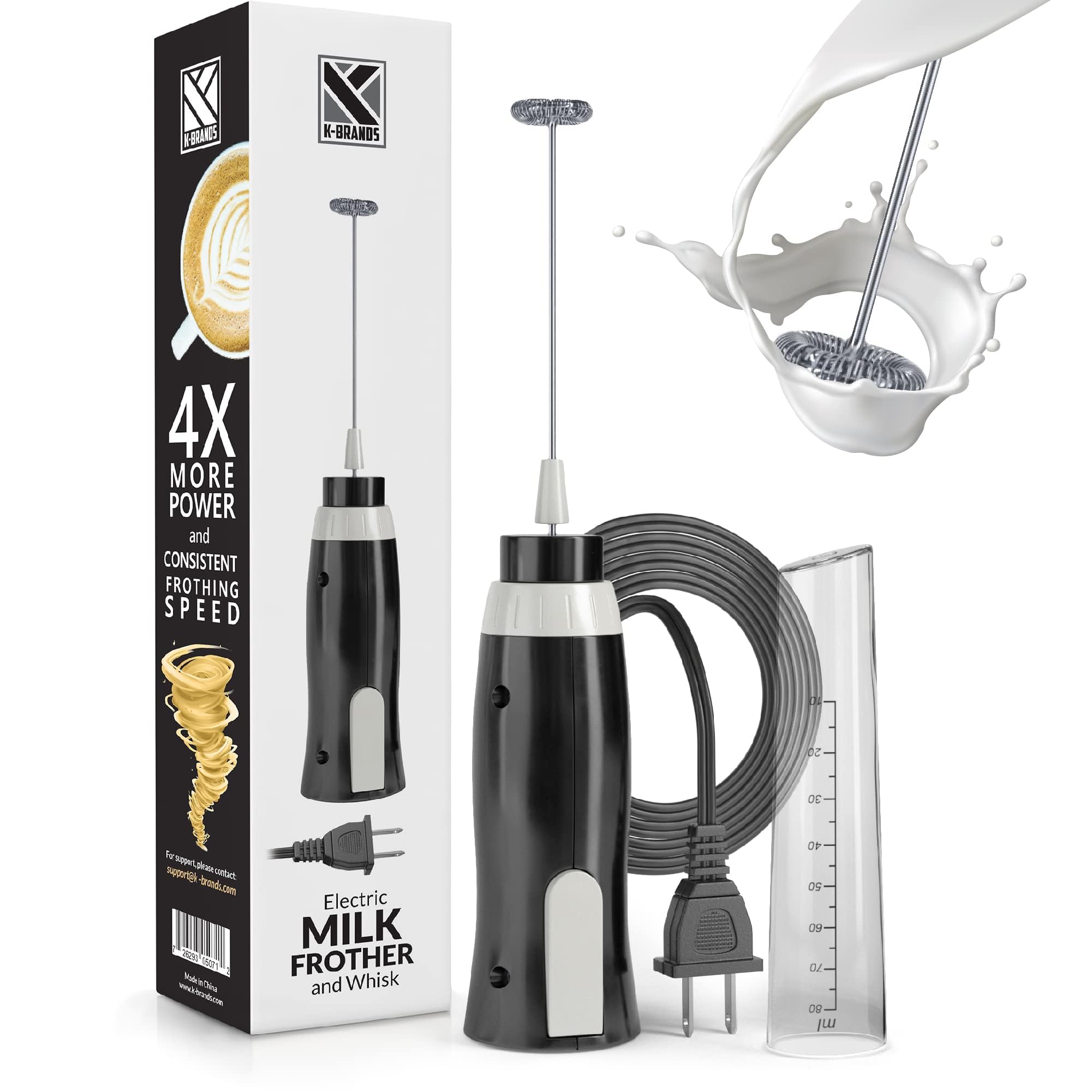 K-Brands Corded Electric Milk Frother with Plug in - Handheld Electric Whisk Stirrer Whipper - Foam Maker for Coffee, Latte, Cappuccino, Hot Chocolate – Powerful Drink Mixer