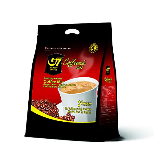 Trung Nguyen G7 Instant Coffee - 3-in-1 Roasted Ground Blend with Creamer & Sugar, Vietnamese Coffee (50 Sachets)