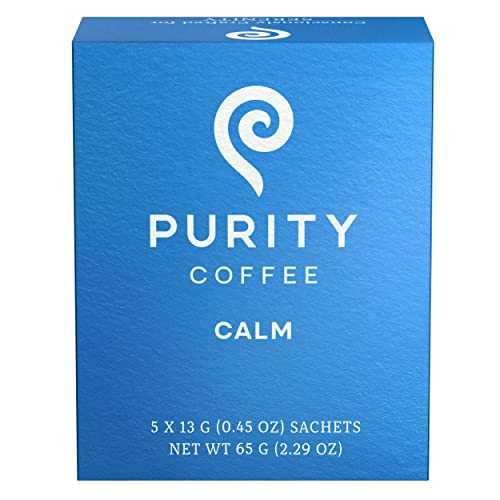 Purity Coffee CALM Decaf Medium Roast Organic Coffee - USDA Certified Organic Specialty Grade Arabica Single-Serve Packets - Third Party Tested for Mold, Mycotoxins & Pesticides - 5 ct Box