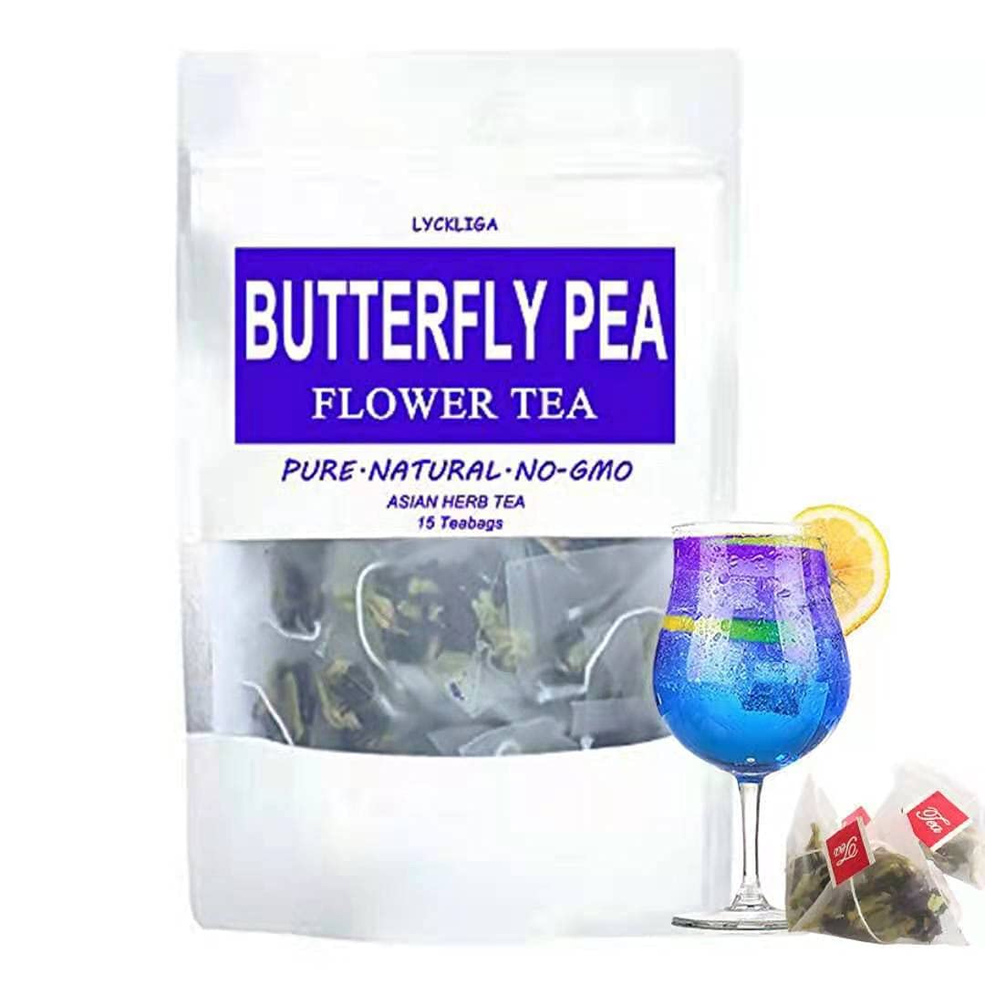 LYCKLIGA Butterfly Pea Flower Tea 15 Pyramid Tea Bags, Clitoria ternatea Premium Dried Butterfly Pea Tea Antioxidant Tea Blue Tea Bags for Drinks