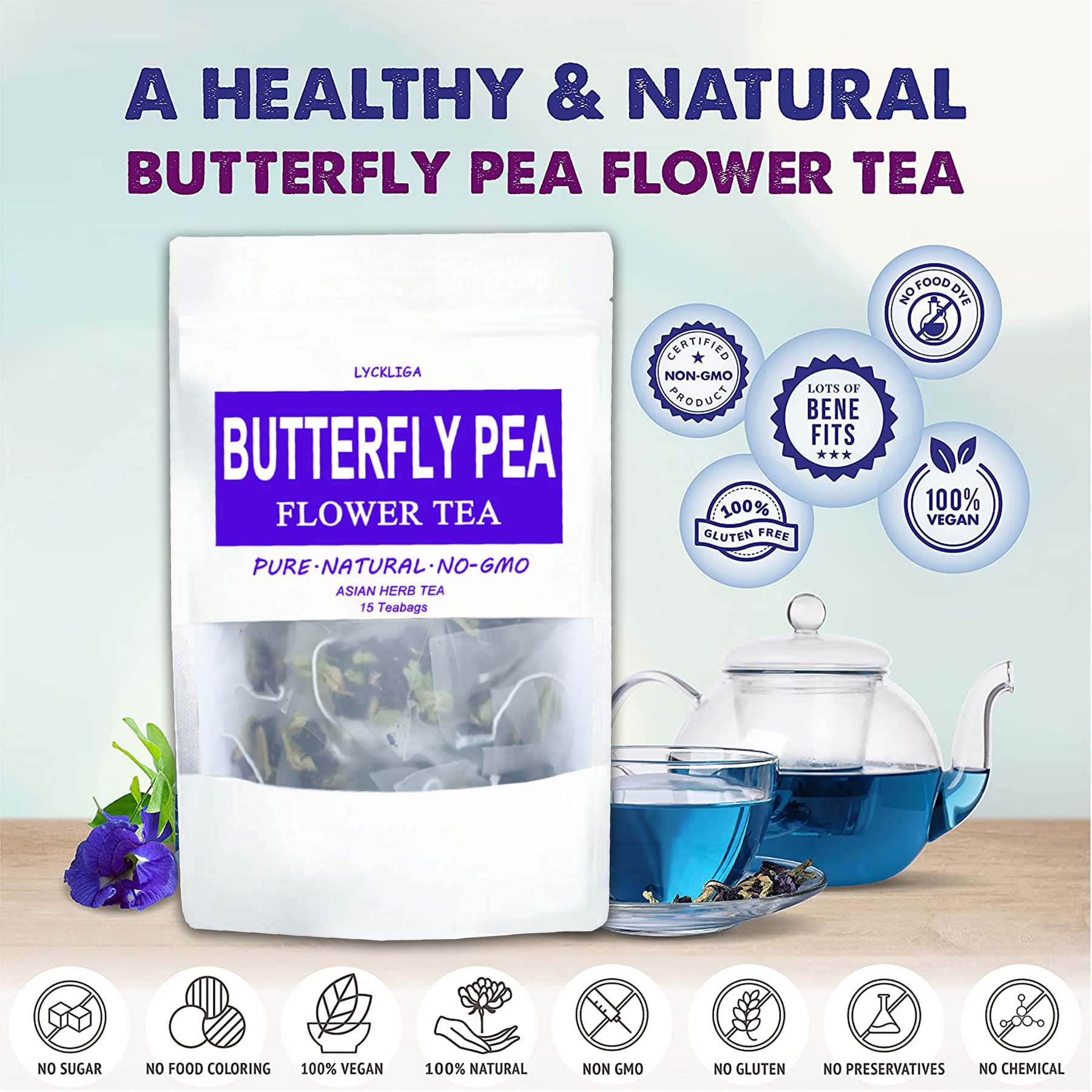 LYCKLIGA Butterfly Pea Flower Tea 15 Pyramid Tea Bags, Clitoria ternatea Premium Dried Butterfly Pea Tea Antioxidant Tea Blue Tea Bags for Drinks