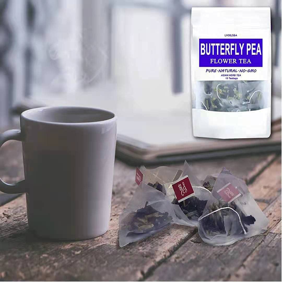 LYCKLIGA Butterfly Pea Flower Tea 15 Pyramid Tea Bags, Clitoria ternatea Premium Dried Butterfly Pea Tea Antioxidant Tea Blue Tea Bags for Drinks