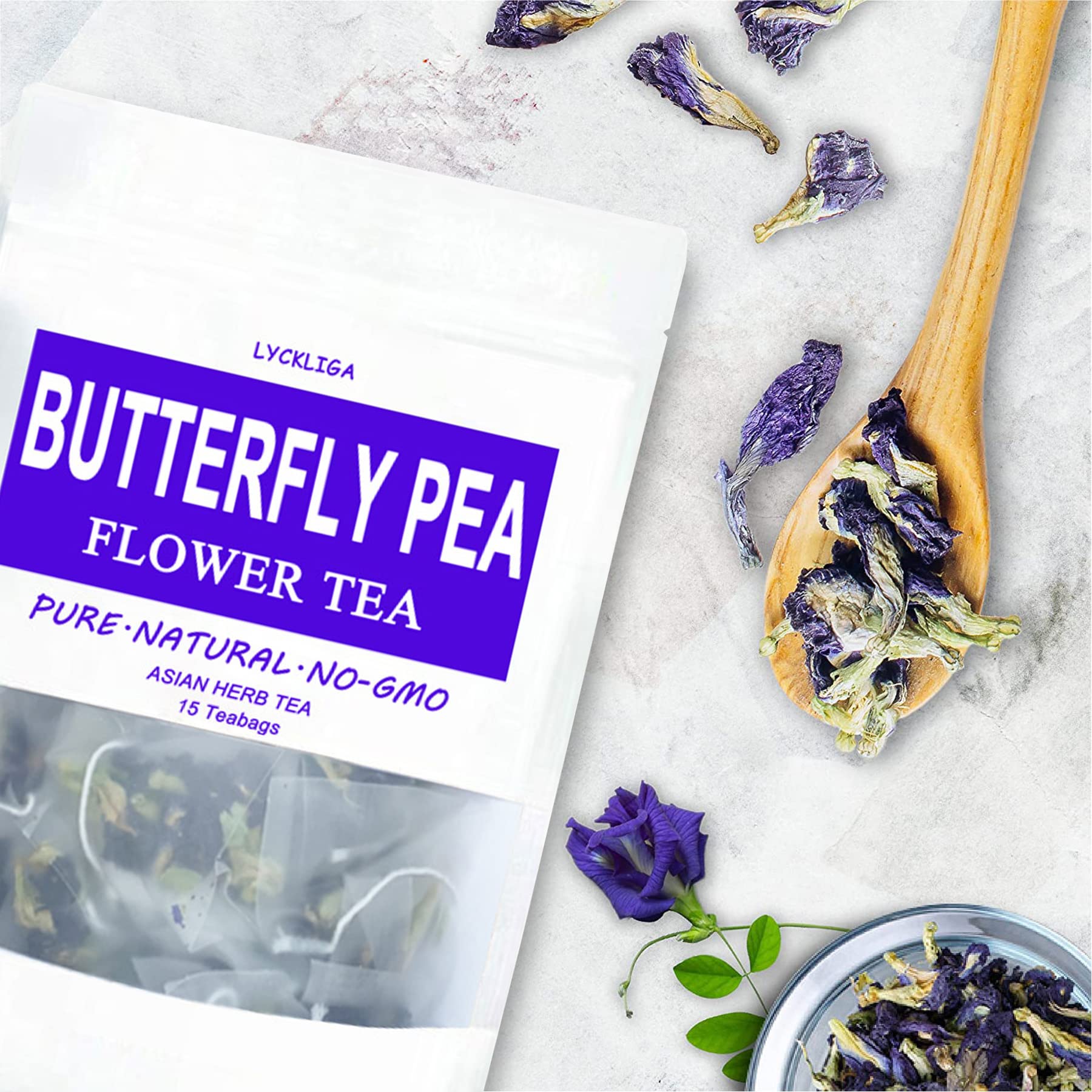 LYCKLIGA Butterfly Pea Flower Tea 15 Pyramid Tea Bags, Clitoria ternatea Premium Dried Butterfly Pea Tea Antioxidant Tea Blue Tea Bags for Drinks