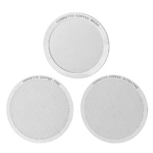 corretto set of 3 reusable metal filters for use in aeropress coffee maker, includes fine, ultra-fine, and mesh filters | upgrade from paper filters | aero press compatible accessories