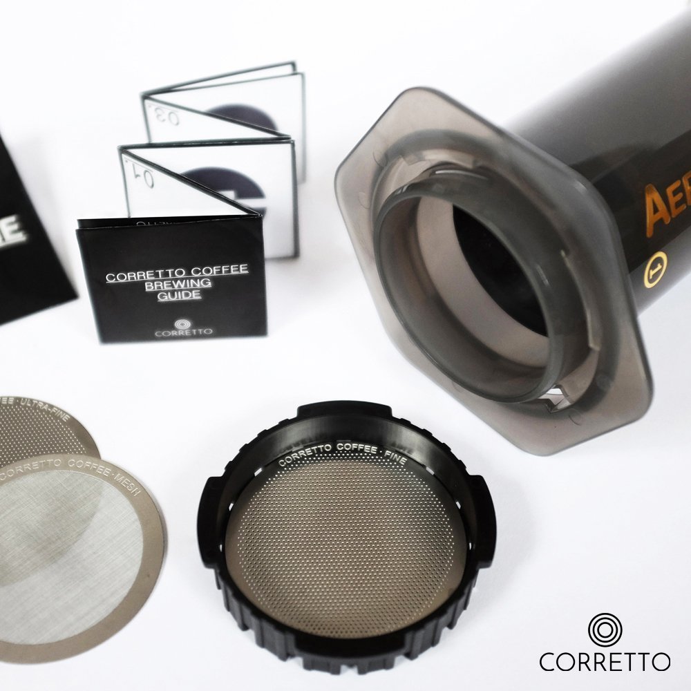 Corretto Set of 3 Reusable Metal Filters for use in AeroPress Coffee Maker, includes Fine, Ultra-Fine, and Mesh filters | Upgrade from Paper Filters | Aero press Compatible Accessories