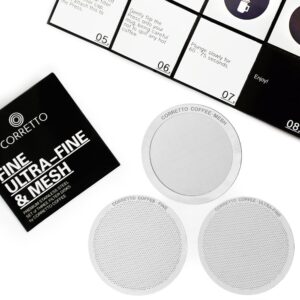 Corretto Set of 3 Reusable Metal Filters for use in AeroPress Coffee Maker, includes Fine, Ultra-Fine, and Mesh filters | Upgrade from Paper Filters | Aero press Compatible Accessories