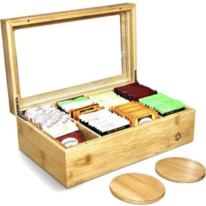 premium high-end 100% natural bamboo tea box with 2 coasters - wooden tea organizer - tea bag organizer wooden storage box - 8 adjustable compartments - clear lid - magnet closure