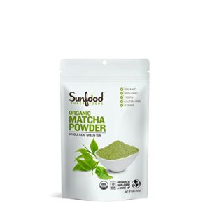 sunfood superfoods matcha green tea powder | 4 oz bag | for lattes, cooking, baking and more. unsweetened. 100% pure whole leaf green tea | natural caffeine coffee substitute