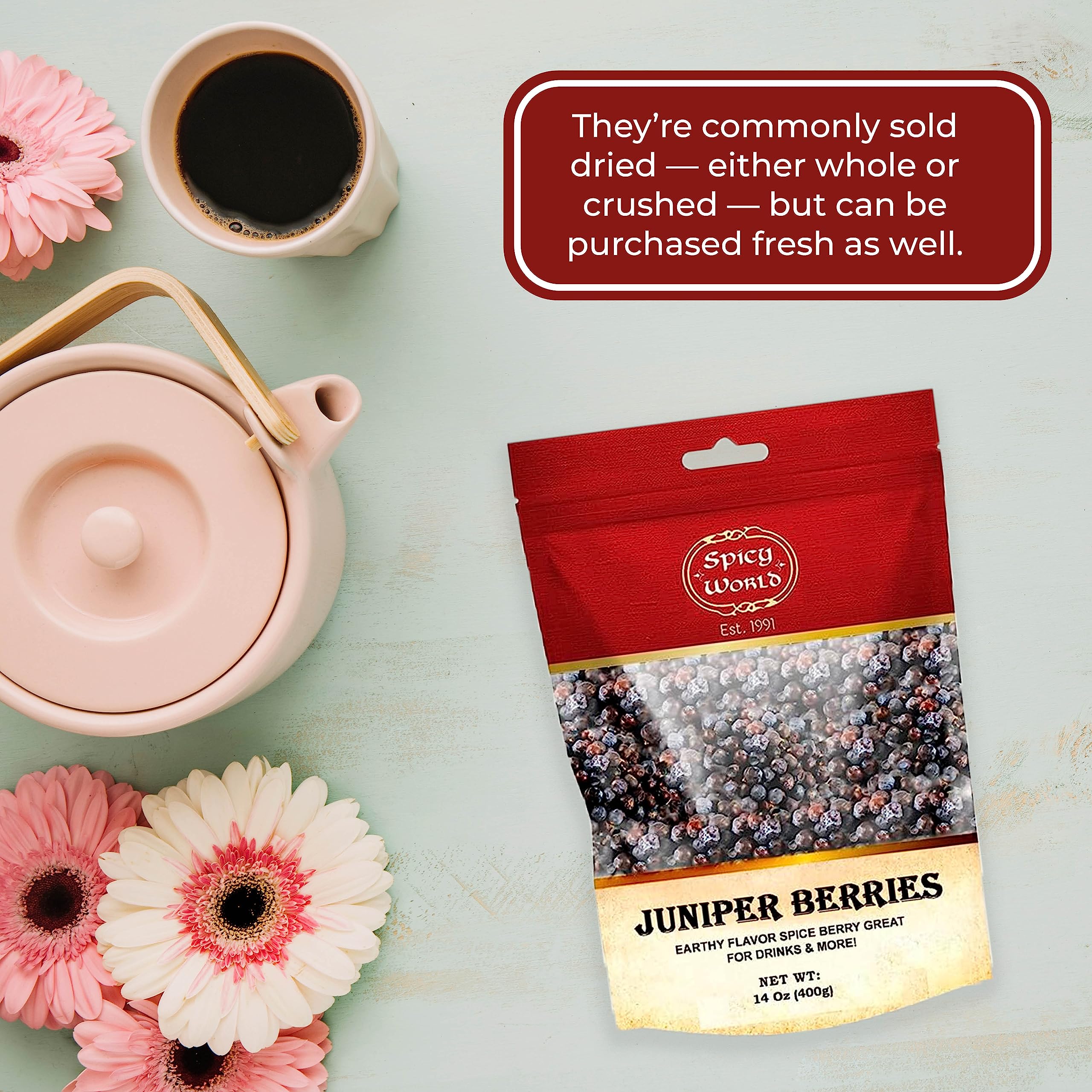 Spicy World Juniper Berries Whole 14 Ounce Bag- Pure - Great for Cooking, Drinks, Tea & More!