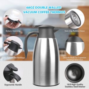 Yummy Sam Thermal Coffee Carafe Stainless Steel 68oz(2 Lifter) Double Walled Vacuum Coffee Thermos Water Beverage Dispenser 12 Hour Heat Retention/24 Hour Cold Retention (Silver)