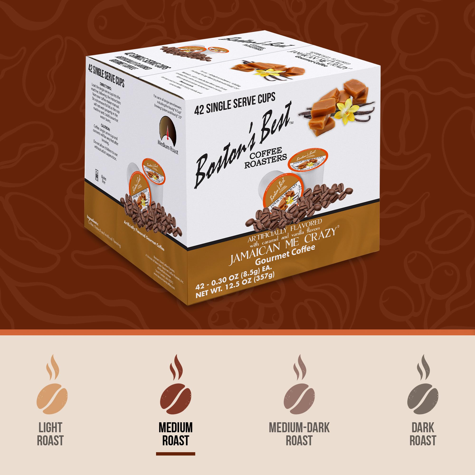 Boston’s Best Gourmet Coffee – Jamaican Me Crazy Caramel Vanilla Flavored Coffee – Medium Roast – Single Serve Coffee Pods, Compatible with Keurig Brewers – 42 Pods