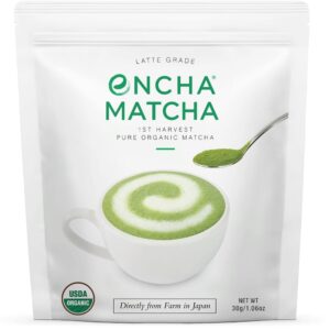 encha latte grade matcha powder - first harvest organic unsweetened matcha green tea powder, from uji, japan (30g/1.06 ounce) premium powder for matcha latte, matcha smoothie | caffeine, l-theanine