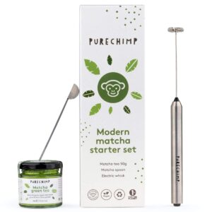 purechimp modern matcha set – starter kit with electric matcha whisk, 50 grams of japanese matcha, and stainless steel measuring spoon