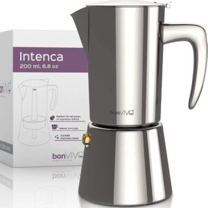 bonvivo intenca stovetop espresso maker - luxurious, stainless steel italian coffee maker for camping or home use - makes 2 cups of full-bodied coffee - chrome, 6.8 oz