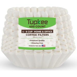 tupkee coffee filters 4-6 cups - 400 count, junior basket style, white paper, chlorine free coffee filter, made in the usa
