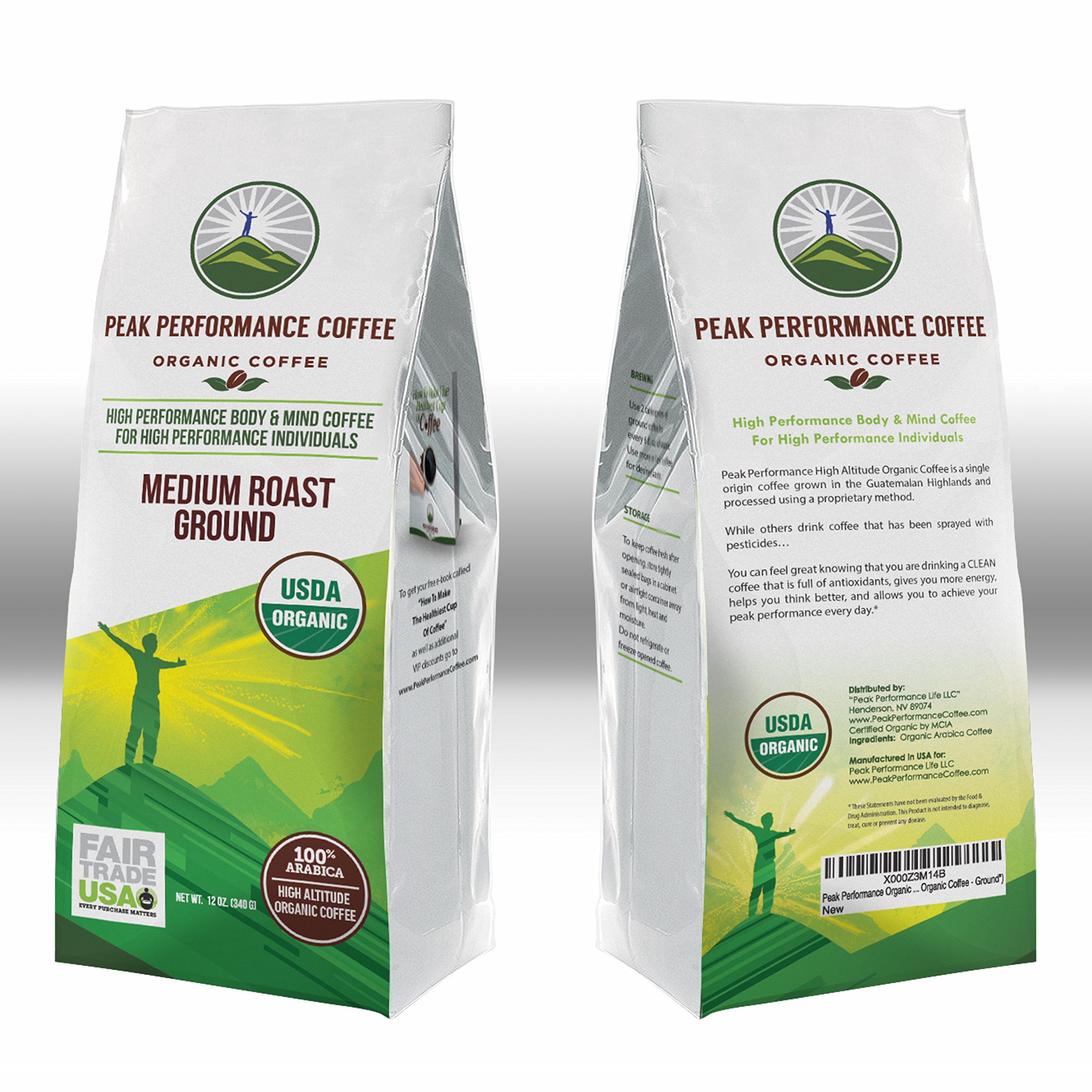 Peak Performance High Altitude Organic Coffee. Fair Trade, Low Acid, Non GMO, and Beans Full Of Antioxidants! Medium Roast Smooth Tasting USDA Certified Organic Ground Coffee Bag