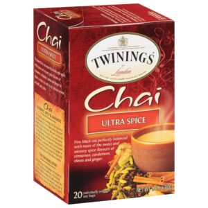 twinings ultra spice chai tea bags - individually wrapped, black tea with cinnamon, ginger, cardamon & clove, 20 count