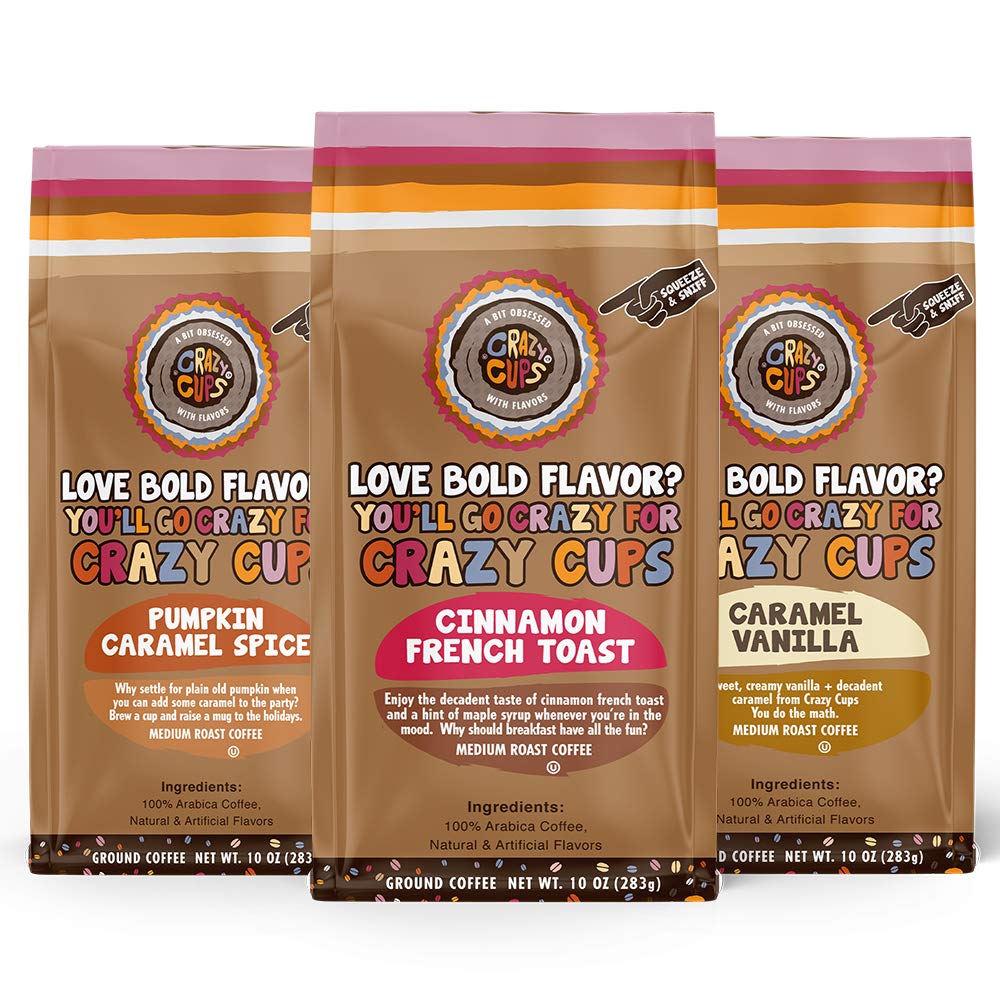 Crazy Cups Flavored Ground Coffee Variety Pack, Includes Cinnamon French Toast, Caramel Vanilla, Pumpkin Caramel Spice, in 10 oz Bags, For Brewing Flavored Hot or Iced Coffee, Variety 3 Pack