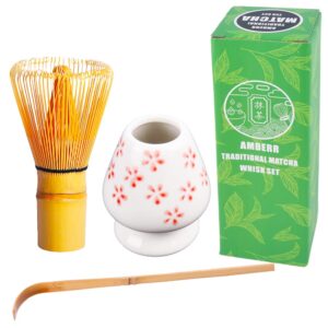 amberr matcha whisk set 3 pcs-handmade bamboo whisk and holder, tea scoop (matcha stirrer 100 prong)- traditional japanese matcha kit, ceramic whisk holder for japanese tea ceremony