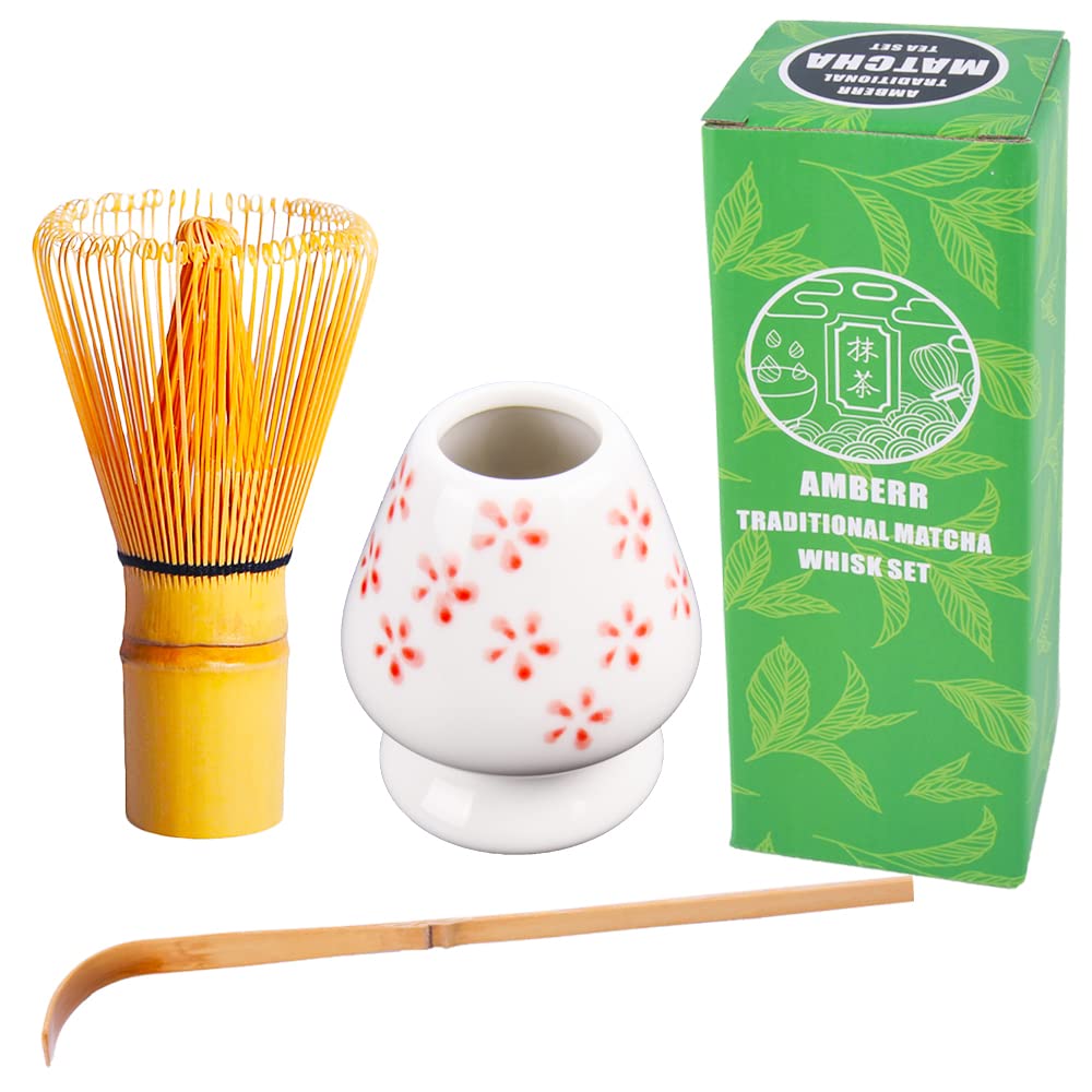 Amberr Matcha Whisk Set 3 pcs-Handmade Bamboo Whisk and Holder, Tea Scoop (Matcha Stirrer 100 Prong)- Traditional Japanese Matcha Kit, Ceramic Whisk Holder for Japanese Tea Ceremony