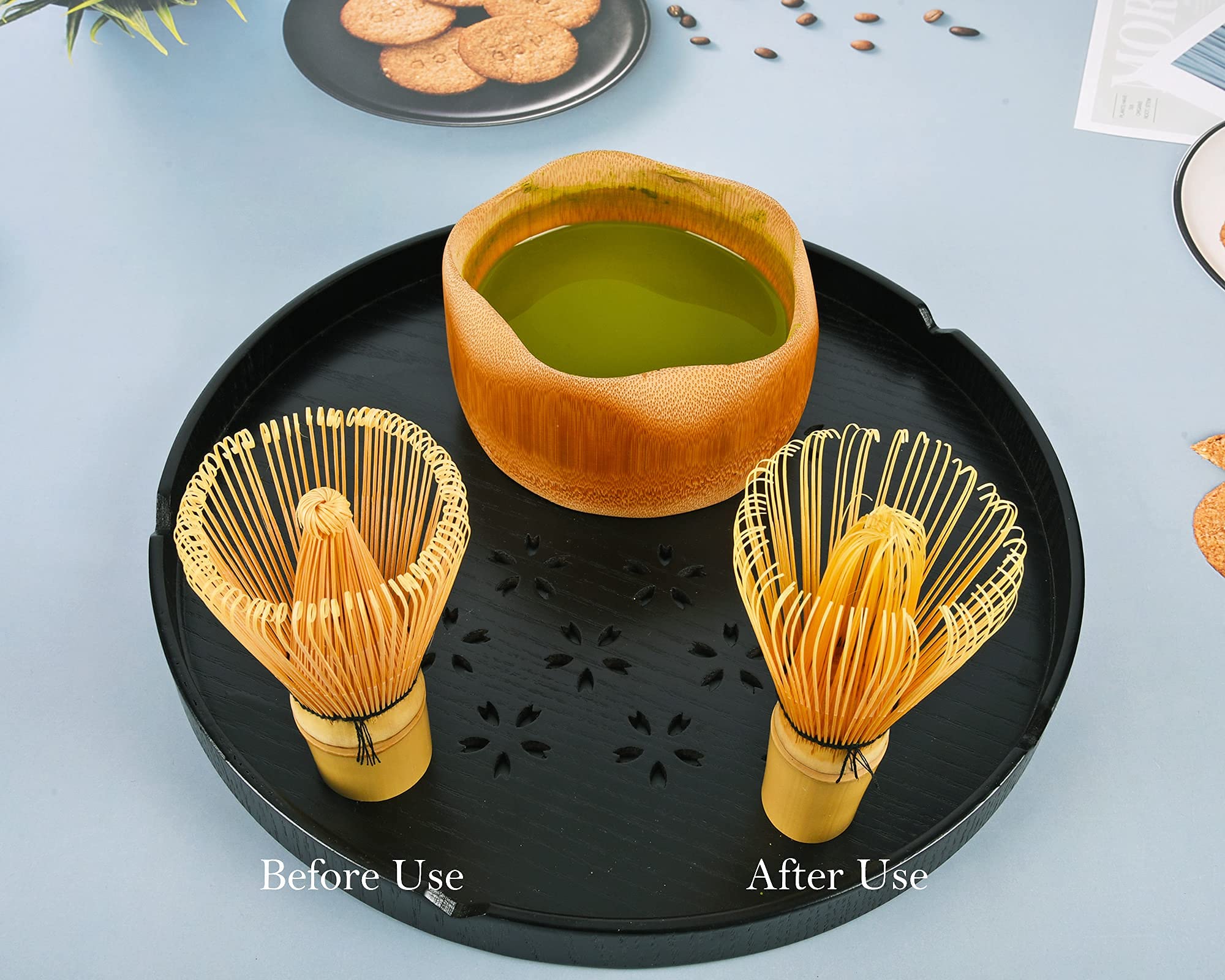 Amberr Matcha Whisk Set 3 pcs-Handmade Bamboo Whisk and Holder, Tea Scoop (Matcha Stirrer 100 Prong)- Traditional Japanese Matcha Kit, Ceramic Whisk Holder for Japanese Tea Ceremony