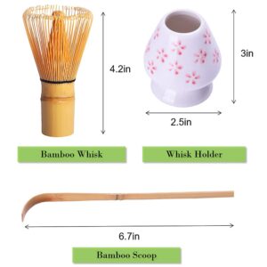 Amberr Matcha Whisk Set 3 pcs-Handmade Bamboo Whisk and Holder, Tea Scoop (Matcha Stirrer 100 Prong)- Traditional Japanese Matcha Kit, Ceramic Whisk Holder for Japanese Tea Ceremony