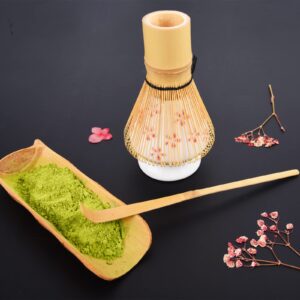 Amberr Matcha Whisk Set 3 pcs-Handmade Bamboo Whisk and Holder, Tea Scoop (Matcha Stirrer 100 Prong)- Traditional Japanese Matcha Kit, Ceramic Whisk Holder for Japanese Tea Ceremony