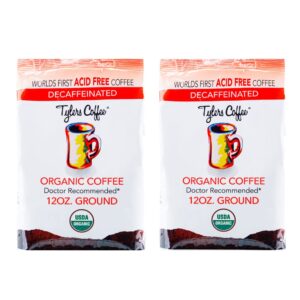 tyler’s acid free organic ground coffee - 100% arabica full flavor decaffeinated - neutral ph - no bitter aftertaste - gentle on digestion reduce acid reflux -protect teeth- for acid free diets- natural and organic blend for common gi issues 12 oz (pack o