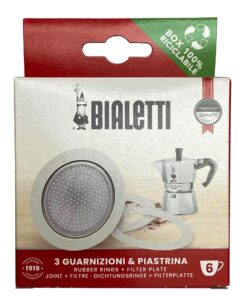 bialetti 3 replacement seals and 1 filter for 6 cup moka express blister pack