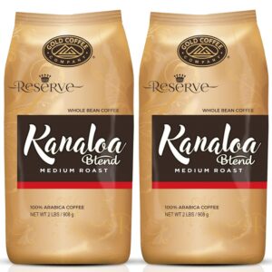 gold coffee arabica kanaloa blend: medium roast whole bean coffee 2lbs (pack of 2) - coffee beans w/ smooth, refreshing, and deliciously complex with milk chocolate, floral honey & sweet lemon notes