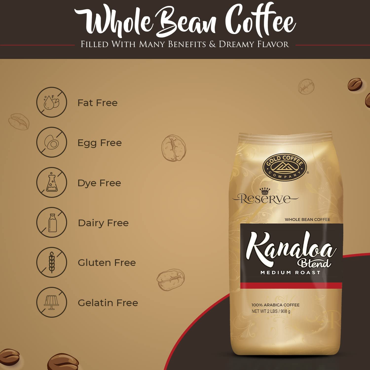 Gold Coffee Arabica Kanaloa Blend: Medium Roast Whole Bean Coffee 2lbs (Pack of 2) - Coffee Beans w/ Smooth, Refreshing, and Deliciously Complex with Milk Chocolate, Floral Honey & Sweet Lemon Notes