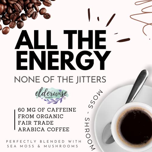 Elderwise Organics Coffee with Mushrooms & Sea Moss - Lion's Mane, Chaga, Reishi & Cordyceps - 24 Servings - Healthy Coffee - Freeze Dried Instant - Chemical free - Fair Trade