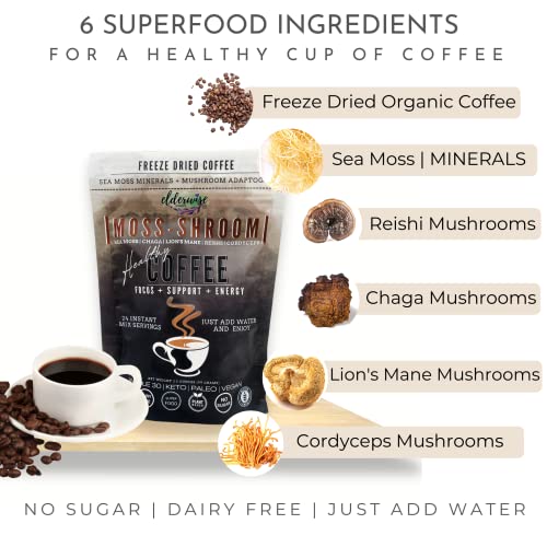 Elderwise Organics Coffee with Mushrooms & Sea Moss - Lion's Mane, Chaga, Reishi & Cordyceps - 24 Servings - Healthy Coffee - Freeze Dried Instant - Chemical free - Fair Trade